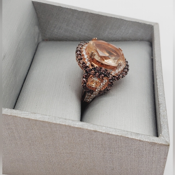 Champagne & Chocolate Mocha Diamond Simulants Rose Gold / 925 Silver Ring - Picture 2 of 8